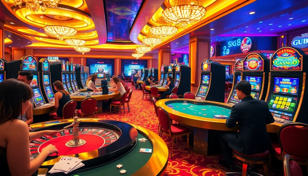 Exciting casino scene showcasing Casino GK88, with players at tables and vibrant slot machines.