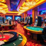 Exciting casino scene showcasing Casino GK88, with players at tables and vibrant slot machines.