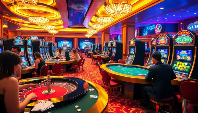 Exciting casino scene showcasing Casino GK88, with players at tables and vibrant slot machines.