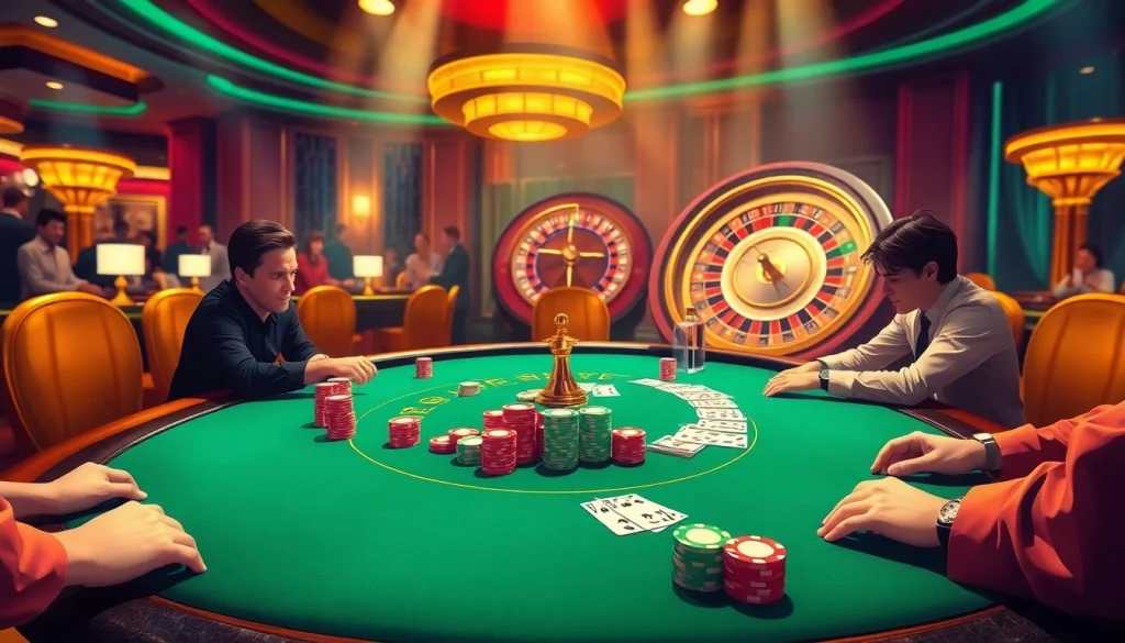 Engaged players strategizing at a 9bet poker table in a luxurious casino setting.