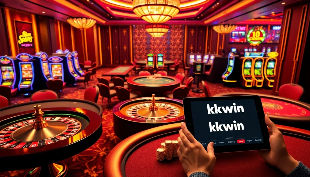 Gambling excitement at kkwin.com with lively casino tables and vibrant slot machines.