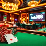 Enjoy thrilling gameplay at Hello88 with vibrant casino visuals, poker chips, and a roulette wheel.