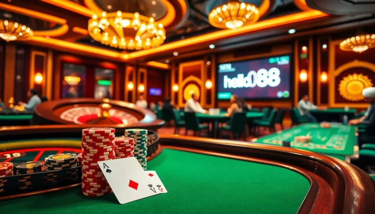 Enjoy thrilling gameplay at Hello88 with vibrant casino visuals, poker chips, and a roulette wheel.