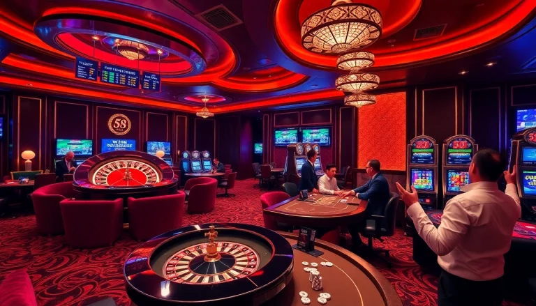 Experience thrilling gameplay at 58WIN's elegant casino with vibrant gaming tables and roulette.