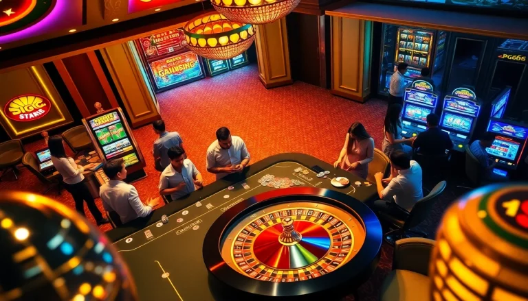 Players enjoying high-stakes gaming at PG66 casino with vibrant slot machines and elegant tables.