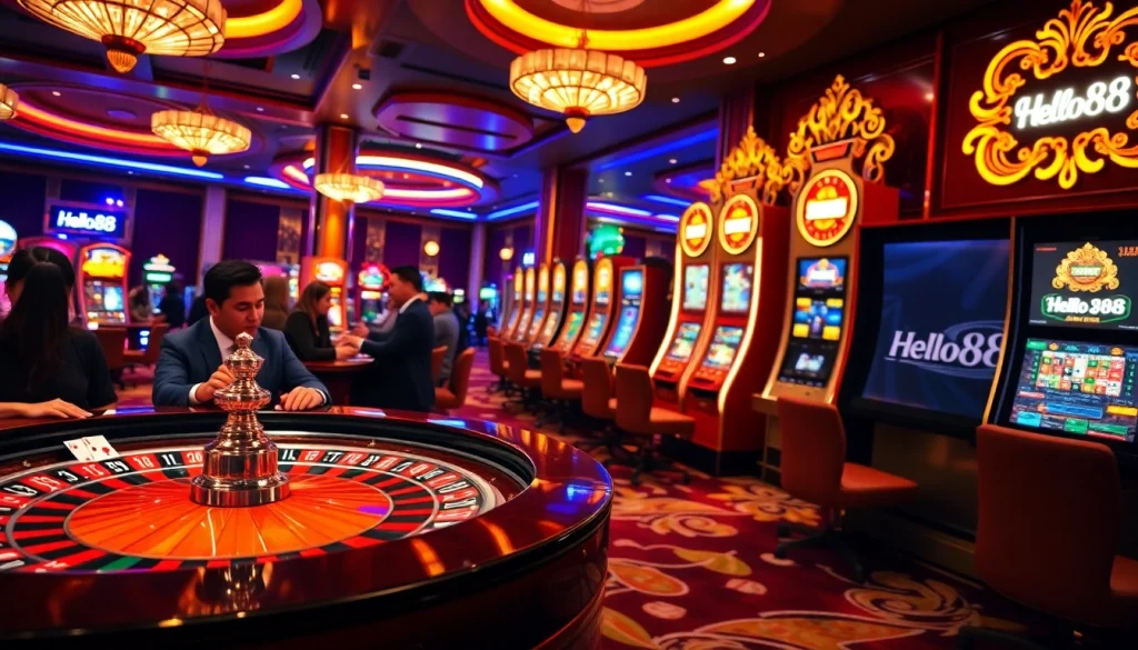 Hello88 gamblers experiencing excitement at a luxurious casino table surrounded by vibrant slot machines.