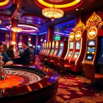 Hello88 gamblers experiencing excitement at a luxurious casino table surrounded by vibrant slot machines.