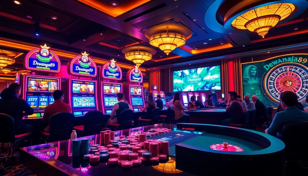 Dewanaga89 slot login dengan latar belakang kasino yang penuh warna menampilkan pemain yang terlibat dan mesin slot.