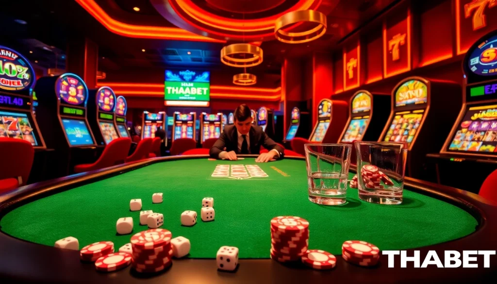 Experience high-stakes gaming at THABET's luxurious poker table in a vibrant casino setting.