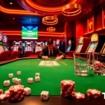 Experience high-stakes gaming at THABET's luxurious poker table in a vibrant casino setting.
