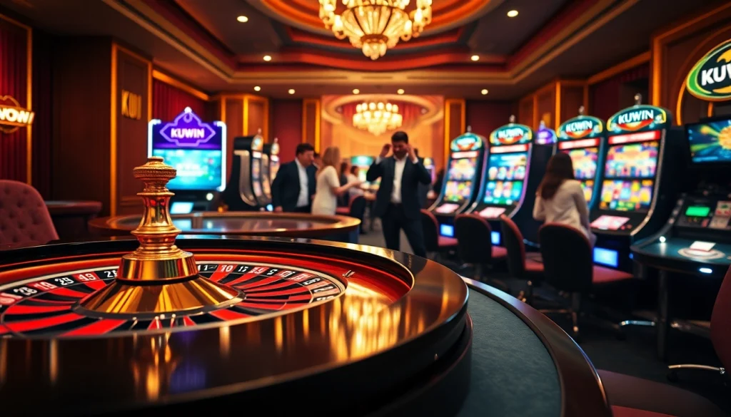 Kuwin online gambling scene with roulette wheel and poker chips reflecting luxury and excitement.