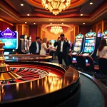 Kuwin online gambling scene with roulette wheel and poker chips reflecting luxury and excitement.
