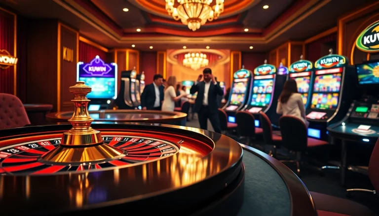 Kuwin online gambling scene with roulette wheel and poker chips reflecting luxury and excitement.