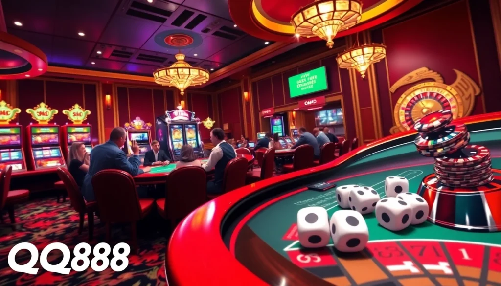 Players enjoying a vibrant QQ88 casino experience with poker tables and roulette wheels.
