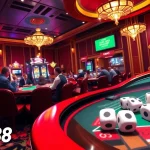 Players enjoying a vibrant QQ88 casino experience with poker tables and roulette wheels.