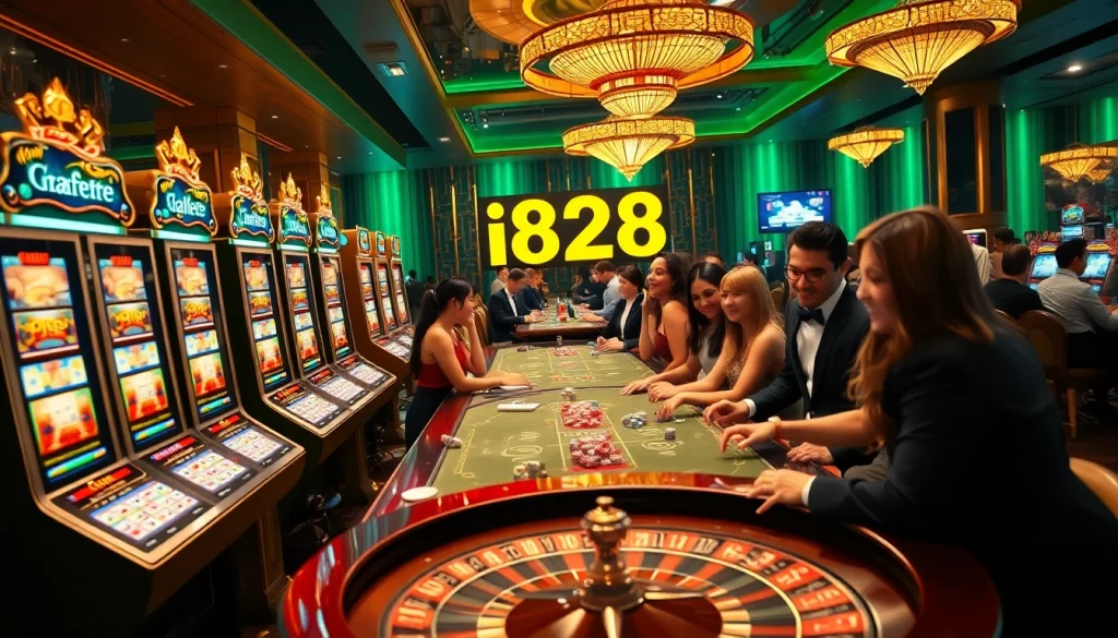 Experience the thrill of winning at i828 casino with vibrant slot machines and poker tables.