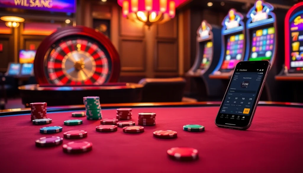 Experience the thrill of FC88 with an elegant casino scene featuring poker tables and roulette wheels.