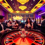 Gamblers enjoying the vibrant gaming atmosphere at 11win casino with roulette, poker chips, and slot machines.