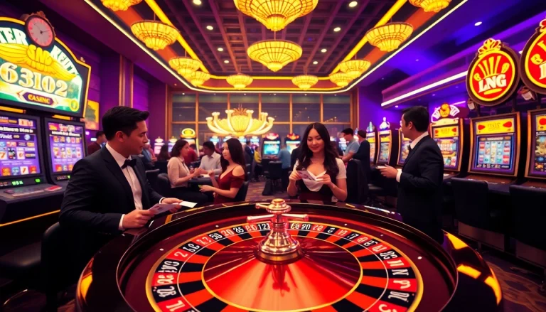 Gamblers enjoying the vibrant gaming atmosphere at 11win casino with roulette, poker chips, and slot machines.