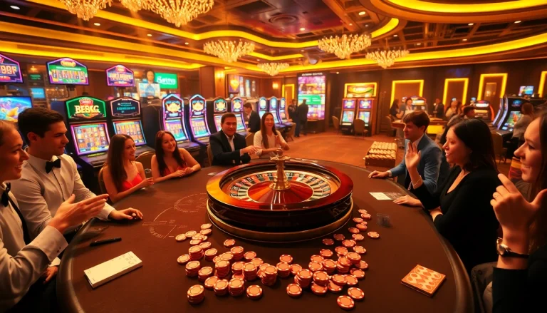 Bet888 players engaging at a glamorous casino table with roulette and poker chips.
