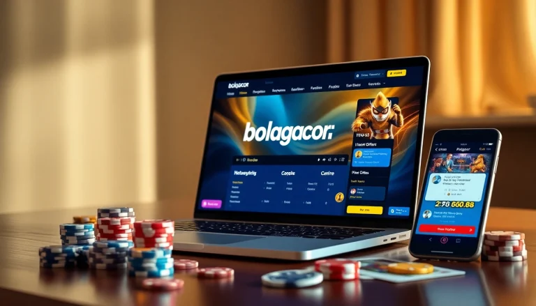 Vibrant bolagacor online gambling interface with poker chips and smartphone offers.
