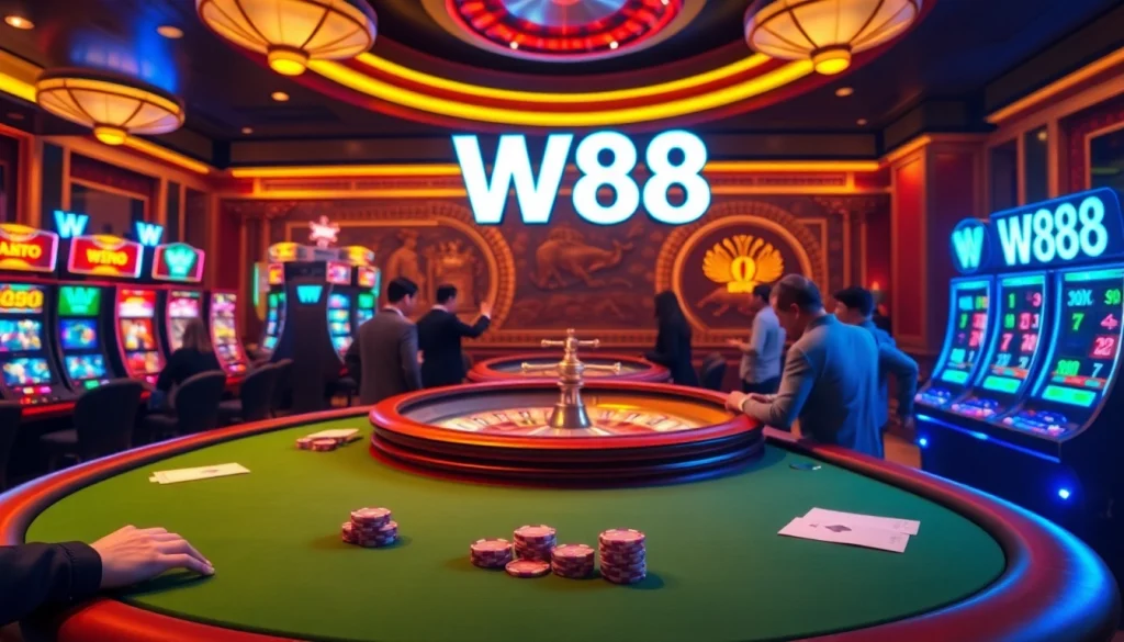 W88 casino scene with vibrant tables, betting slips, poker chips, and a roulette wheel.