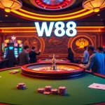 W88 casino scene with vibrant tables, betting slips, poker chips, and a roulette wheel.