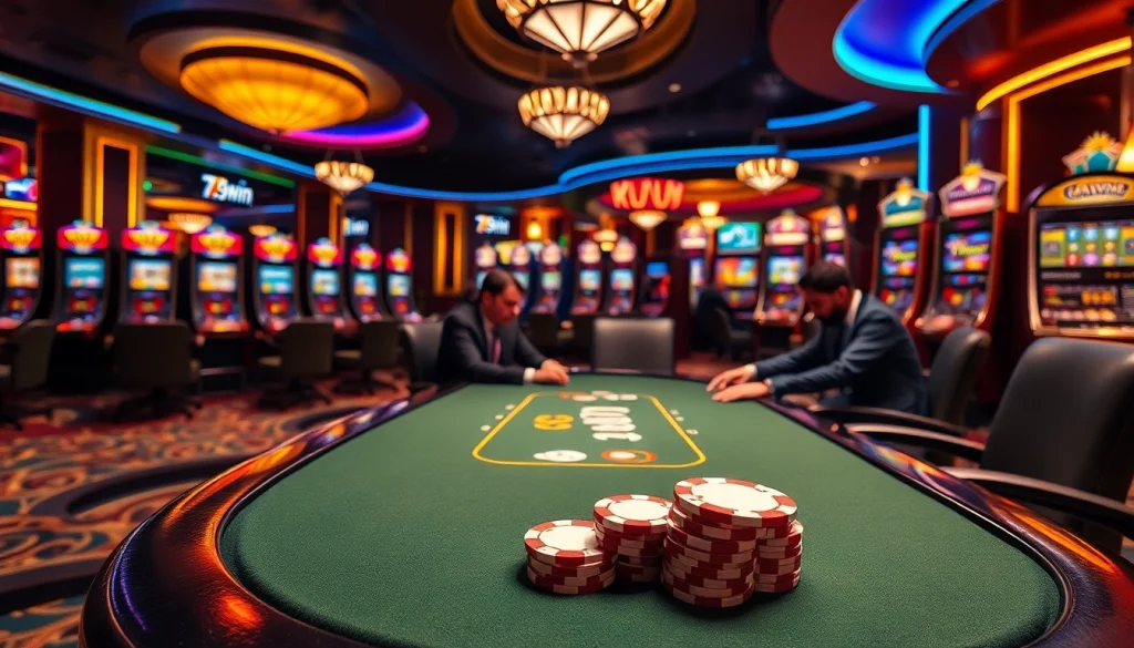 Join the action at 789win with an exciting game at a luxurious poker table in a vibrant casino.