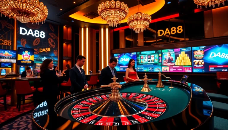 Join the excitement at DA88 casino tables, showcasing vibrant roulette and elegant players.