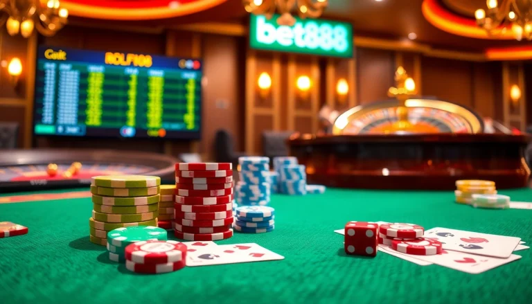 Exciting gaming atmosphere at bet88 casino with poker chips, cards, and roulette wheel.