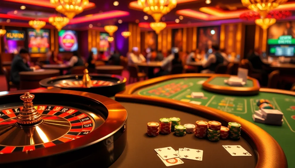 Kuwin casino players enjoying a winning moment at the roulette table with vibrant chips and cards.