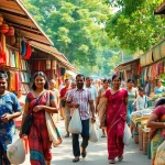 Lanka Add vibrant marketplace in Sri Lanka showcasing local crafts and food with engaging vendors and customers.
