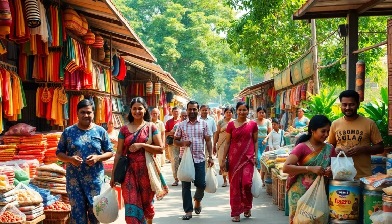 Lanka Add vibrant marketplace in Sri Lanka showcasing local crafts and food with engaging vendors and customers.