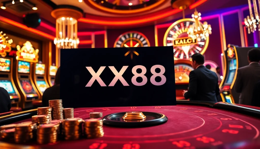 Experience the thrills of gambling with XX88 at a luxurious casino table filled with vibrant poker chips.