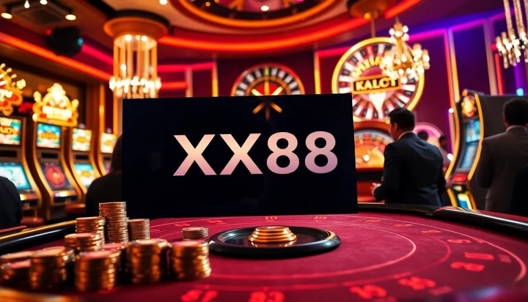 Experience the thrills of gambling with XX88 at a luxurious casino table filled with vibrant poker chips.