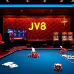 JW8 players celebrating a win at an upscale casino table with vibrant gambling elements.