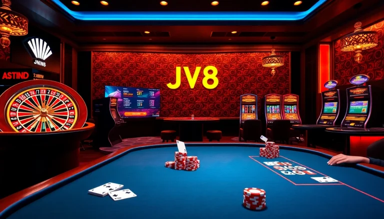 JW8 players celebrating a win at an upscale casino table with vibrant gambling elements.