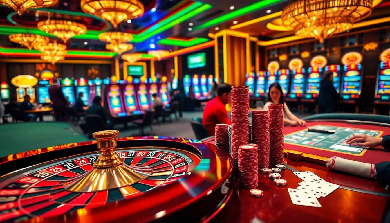 RR88 slot machines and poker table reflecting excitement in a luxury casino environment.