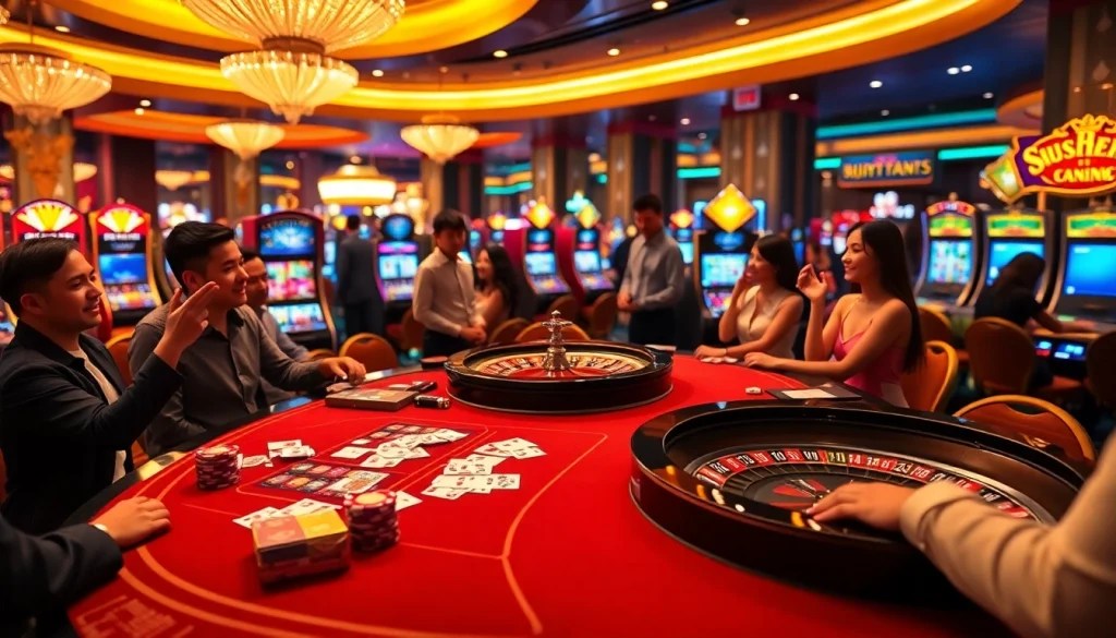 Exciting KUBET77 casino scene with luxurious tables, poker chips, and vibrant slot machines.