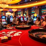 Exciting KUBET77 casino scene with luxurious tables, poker chips, and vibrant slot machines.