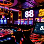 Exciting online gaming scene at new 88 with roulette, poker chips, and vibrant slot machines.