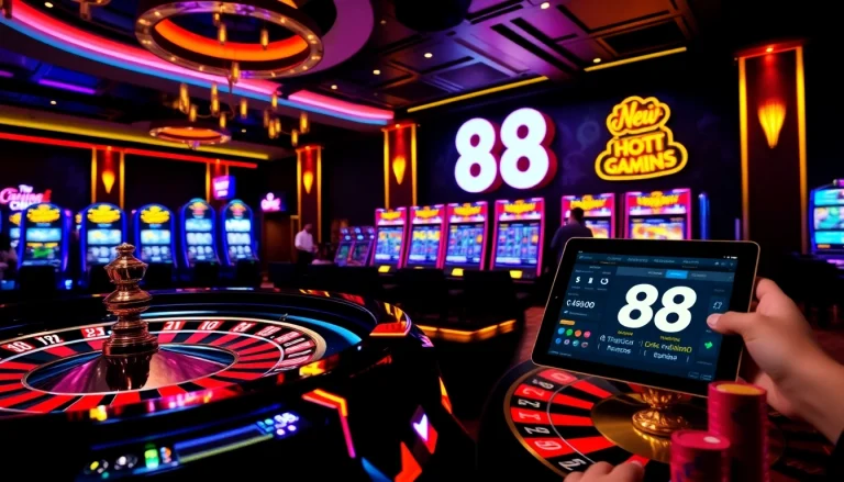 Exciting online gaming scene at new 88 with roulette, poker chips, and vibrant slot machines.