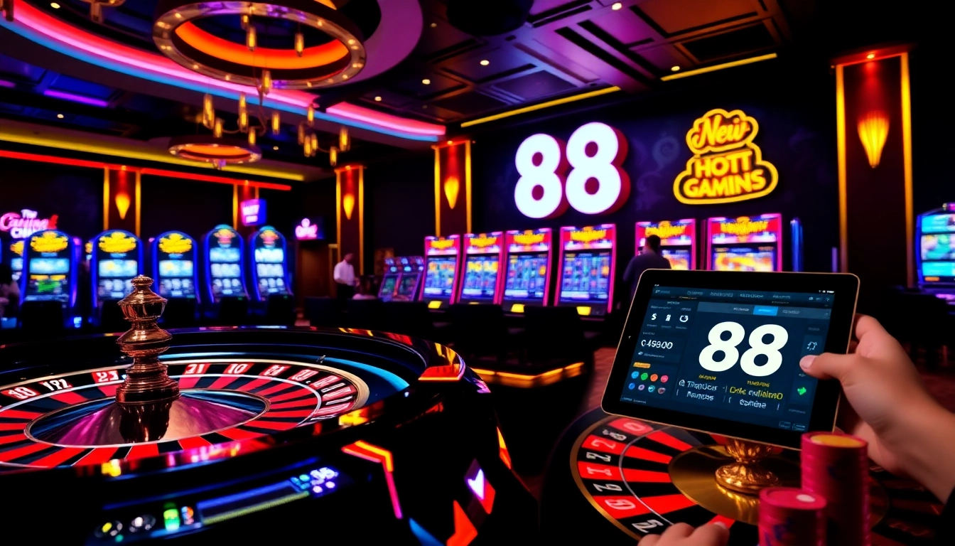 Exciting online gaming scene at new 88 with roulette, poker chips, and vibrant slot machines.