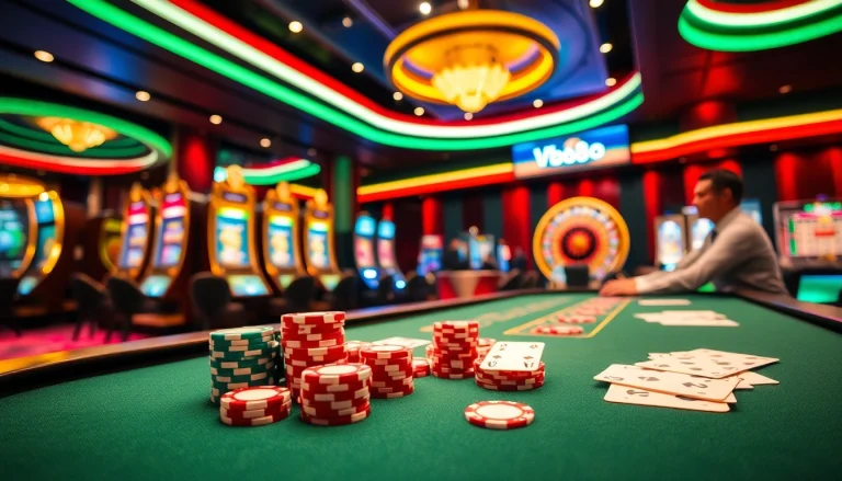 Players enjoying games at the Vb88 casino, featuring vibrant tables and exciting slot machines.