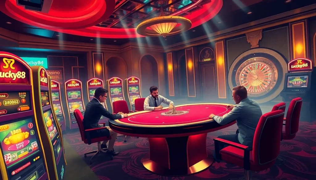 Experience thrilling gameplay at lucky88 with vibrant slot machines and a high-stakes poker table setting.