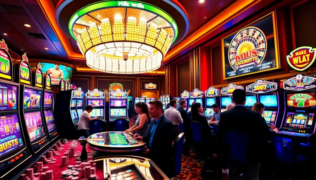 Excited players enjoying vibrant slot machines at a premier 슬롯사이트 casino.