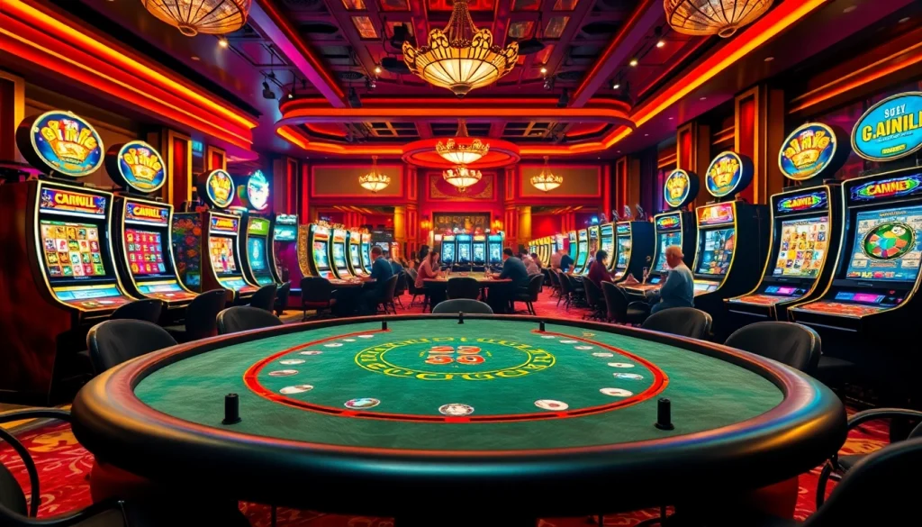 Experience thrilling gameplay at the go8 casino featuring poker tables and vibrant slot machines.