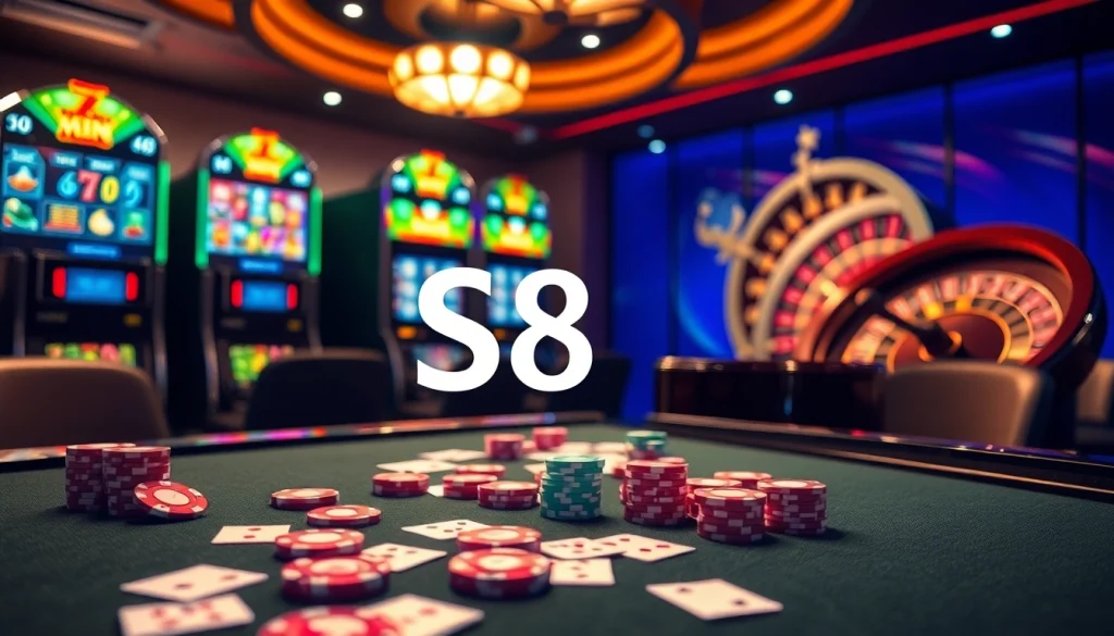 S8 casino experience featuring vibrant poker chips, cards, and slot machines in a luxurious online setting.