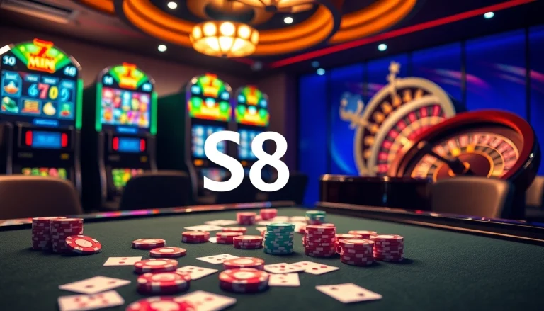 S8 casino experience featuring vibrant poker chips, cards, and slot machines in a luxurious online setting.