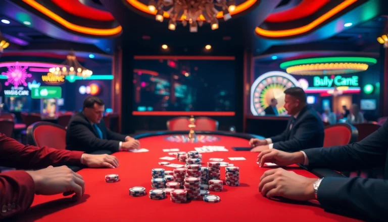 Exciting poker action at ww88 casino with vibrant chips and cards on a luxurious table.